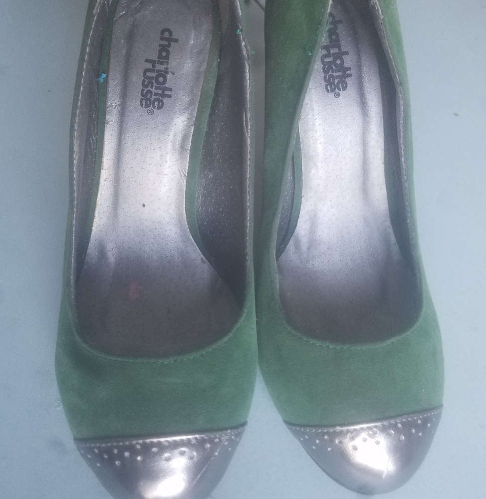 Charlotte Russe hunter green & silver high heels.